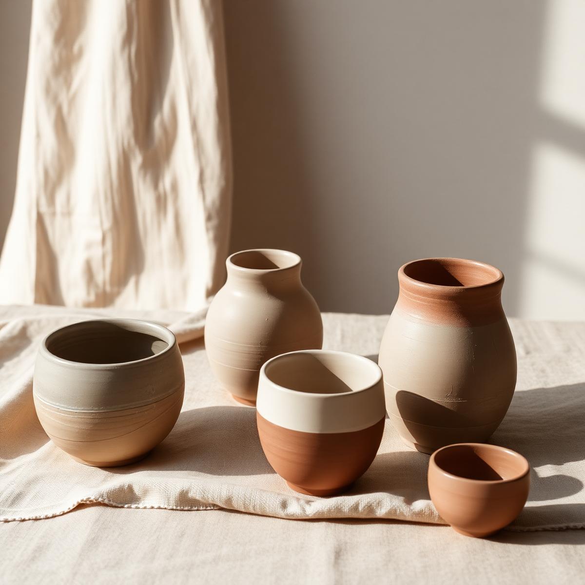 Vasos de cerâmica em tons terrosos sobre linho