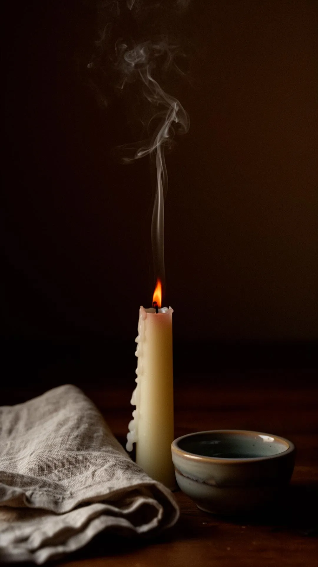 Vela recém-apagada com fio de fumaça vertical no escuro